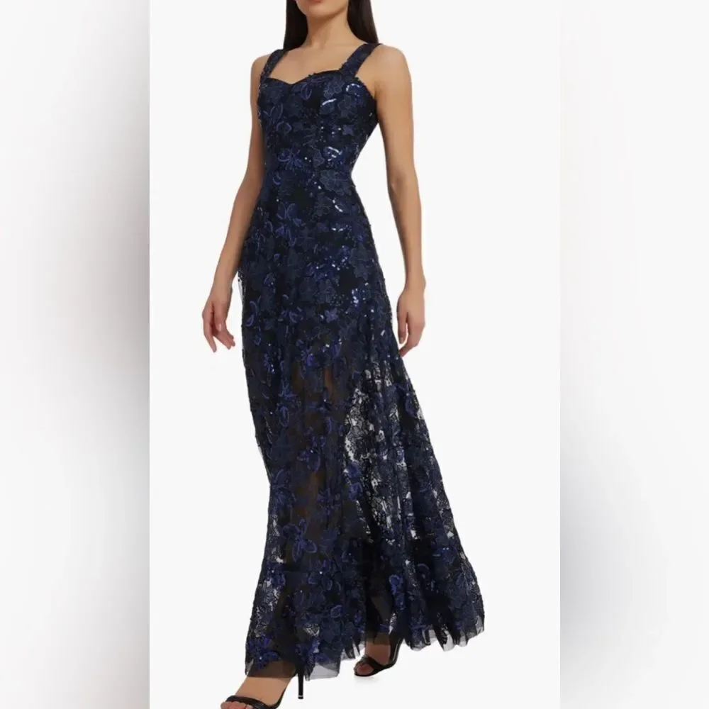 Dress the population anabel floral sequin gown navy small new prom maxi event - Picture 5 of 16